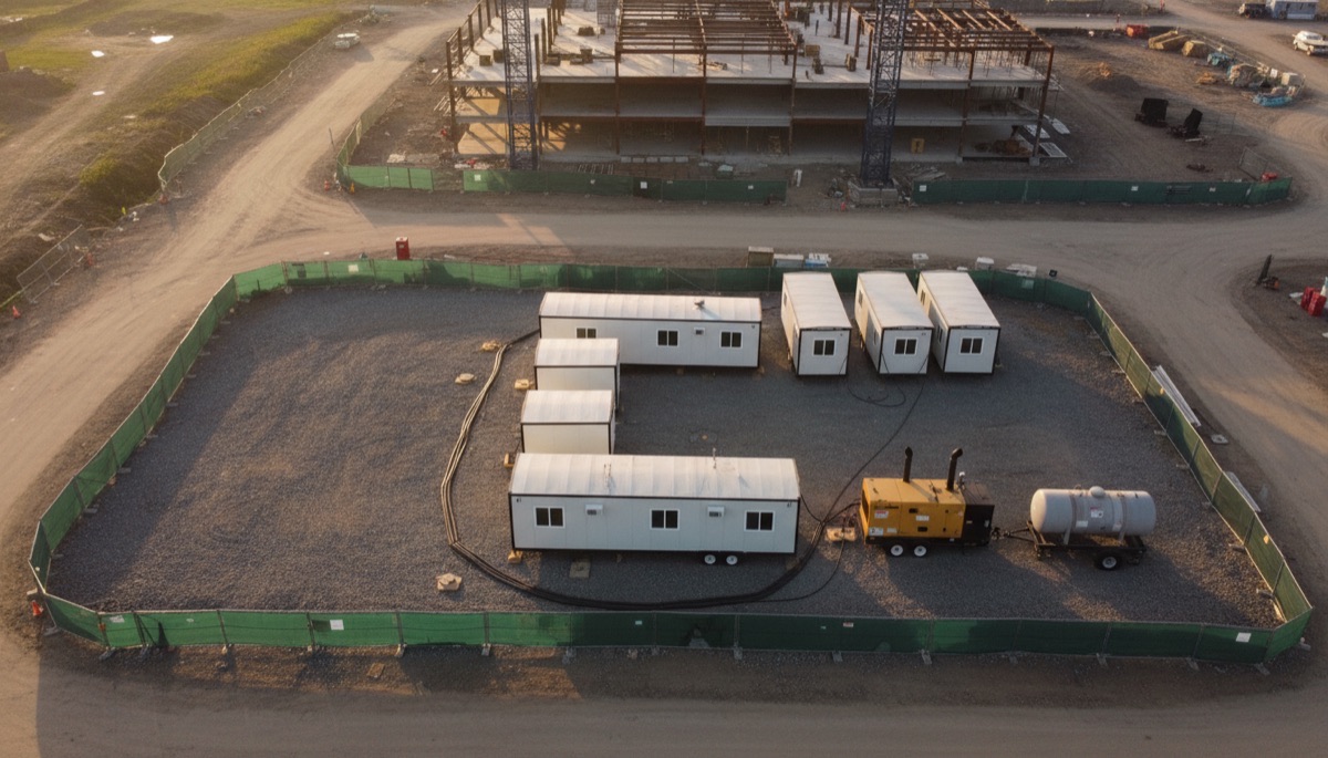 Aerial view of a construction office trailer complex with generators and fuel tanks — the type of site Stahla Services supports