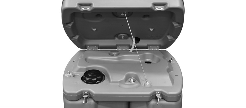 Hand washing station service access — lid open showing fresh water fill port and drain