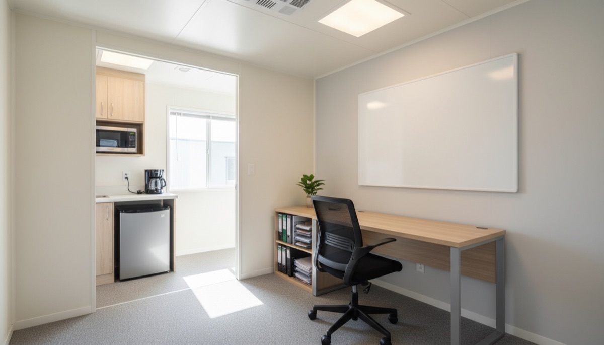 Construction office trailer interior with desk, whiteboard, and breakroom area