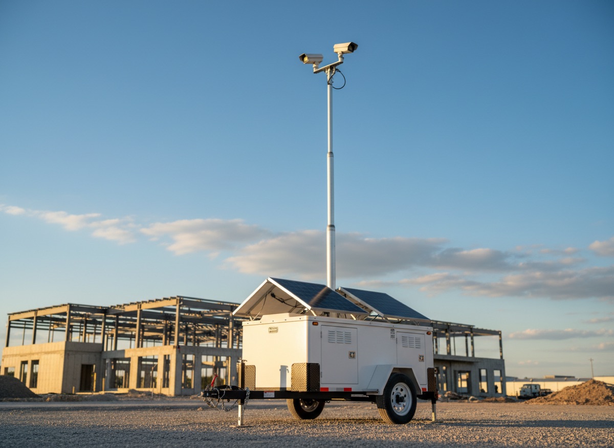 Solar-powered surveillance camera trailer for construction site security